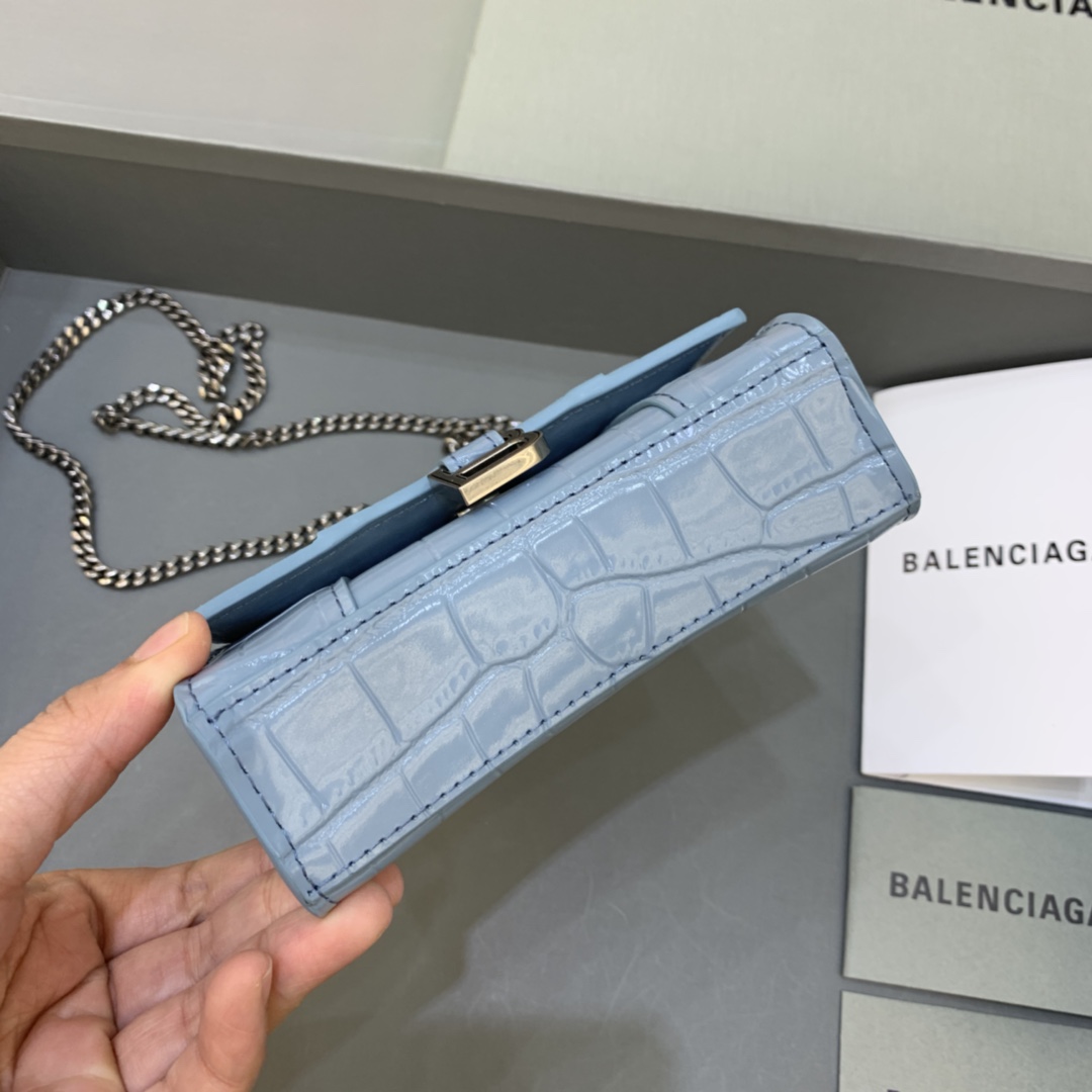 Balenciaga Hourglass Mini Handbag With Chain Crocodile Embossed Shoulder Bag Light blue